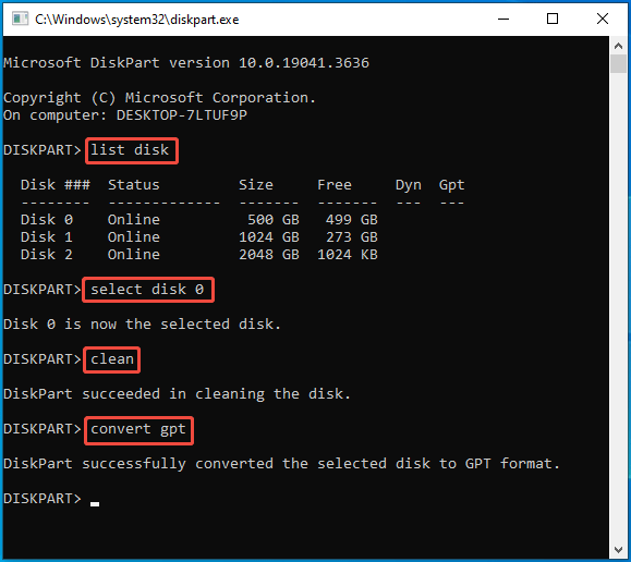 DiskPart window with the clean and convert gpt commands.