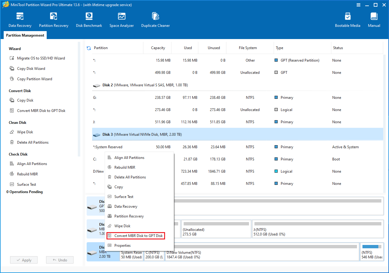 MiniTool Partition Wizard interface with the selected Convert MBR Disk to GPT Disk option.