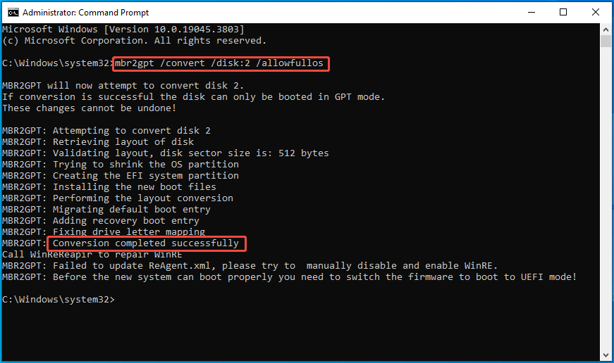 Command Prompt window with the mbr2gpt convert disk 0 allowfullOS command.
