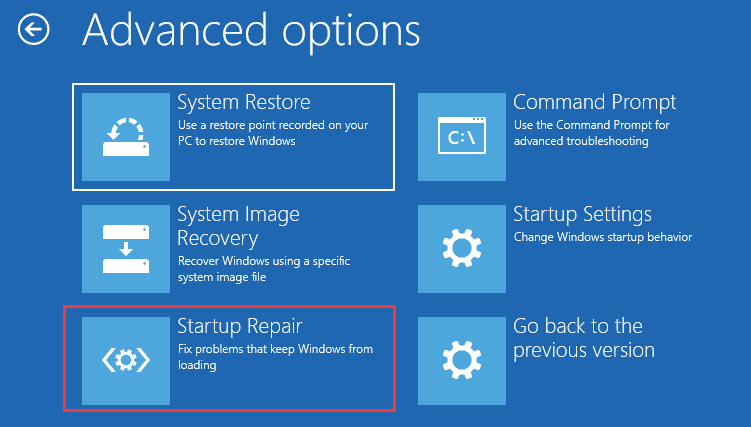 The Advanced options interface with the selected Startup Repair option.