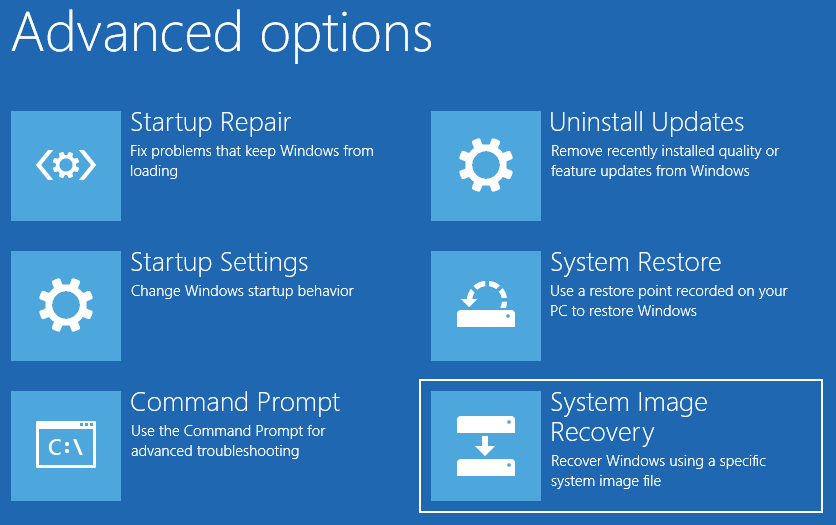 The interface of Advanced options with the selected System Image Recovery option.