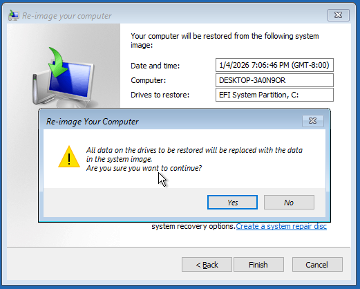 The Reimage Your Computer interface with the selected Yes option.