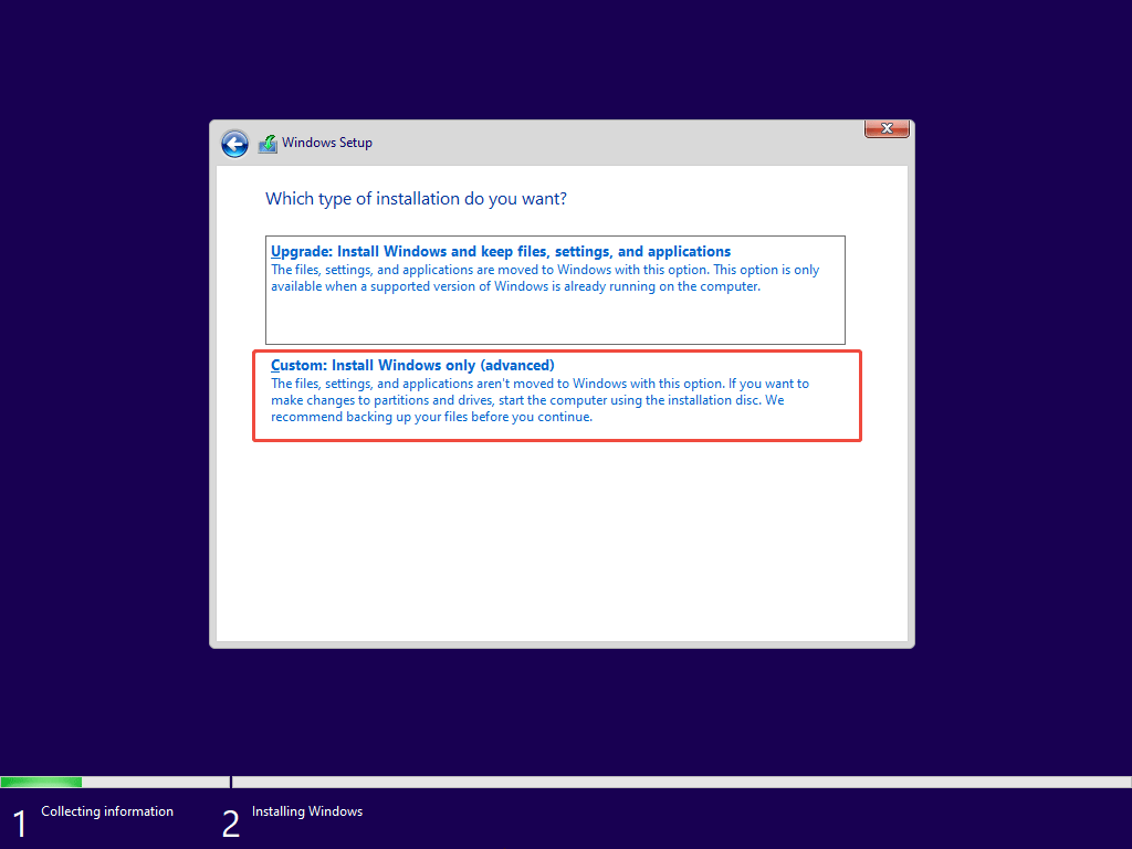 The interface of choosing Custom Install Windows only advanced.