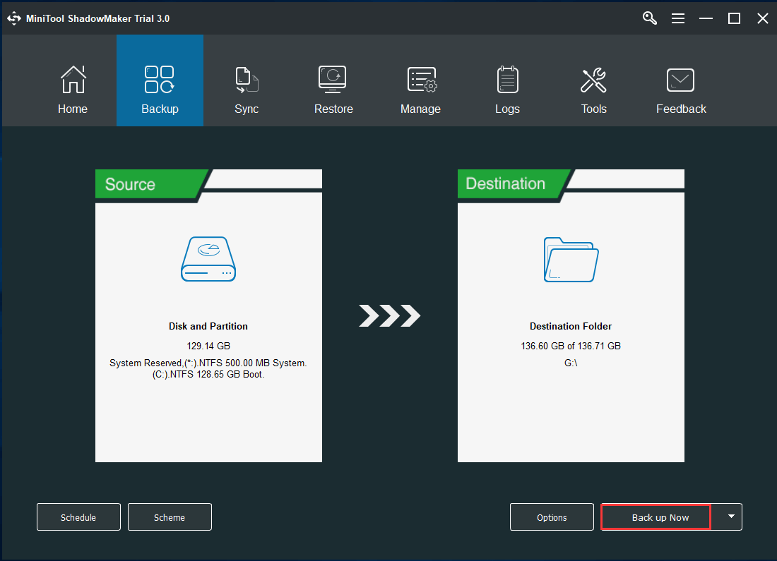 The MiniTool ShadowMaker interface with the selected Back up Now option.