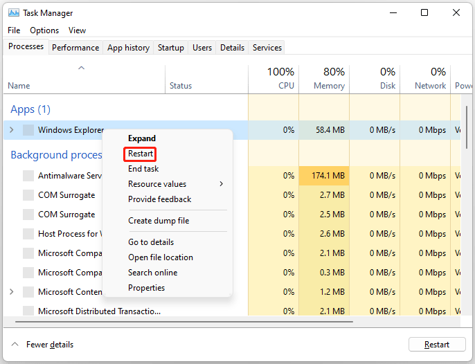 The Task Manager window with the Restart option selected.