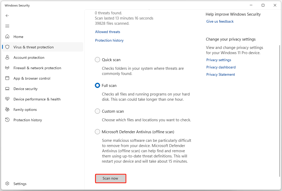 The Windows Security window with the Scan now option selected.
