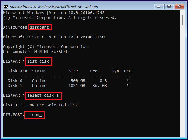 The Command Prompt interface in WinPE showing the DiskPart clean command.