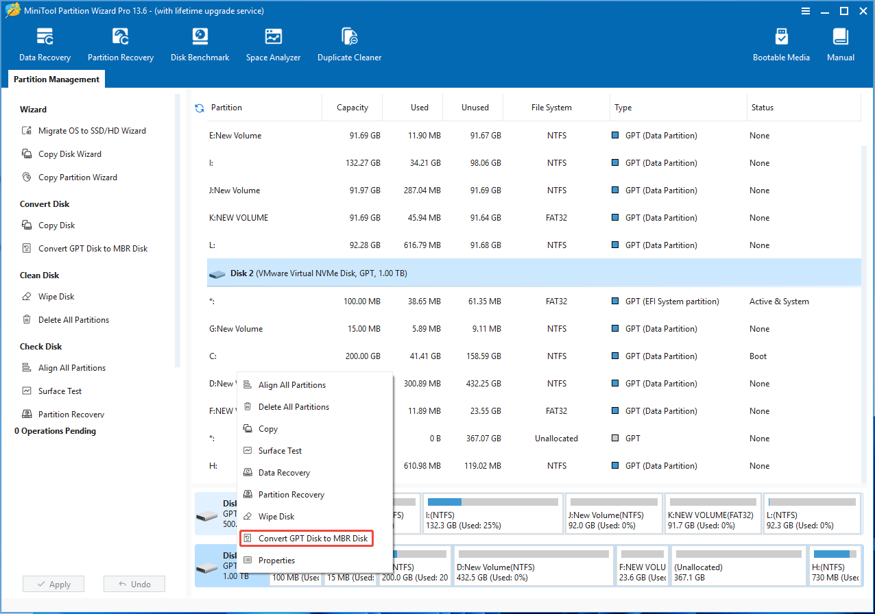The MiniTool Partition Wizard interface with the selected Convert GPT Disk to MBR Disk option.
