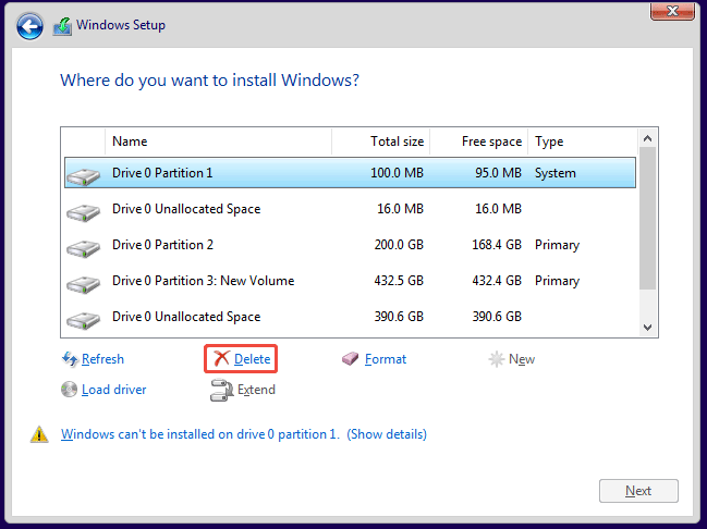 Windows Setup window with the selected partition Delete option.