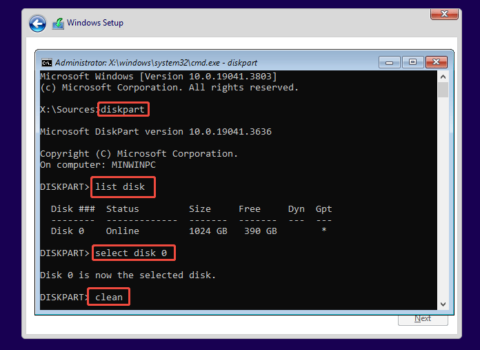 The Command Prompt window located on the Windows Setup window, showing the DiskPart clean command.