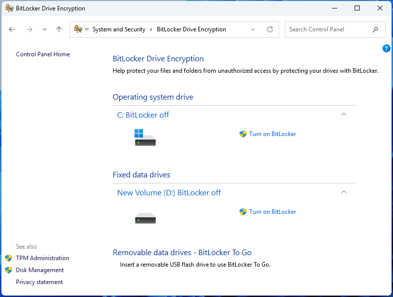 The Control Panel window showing the BitLocker Drive Encryption page.