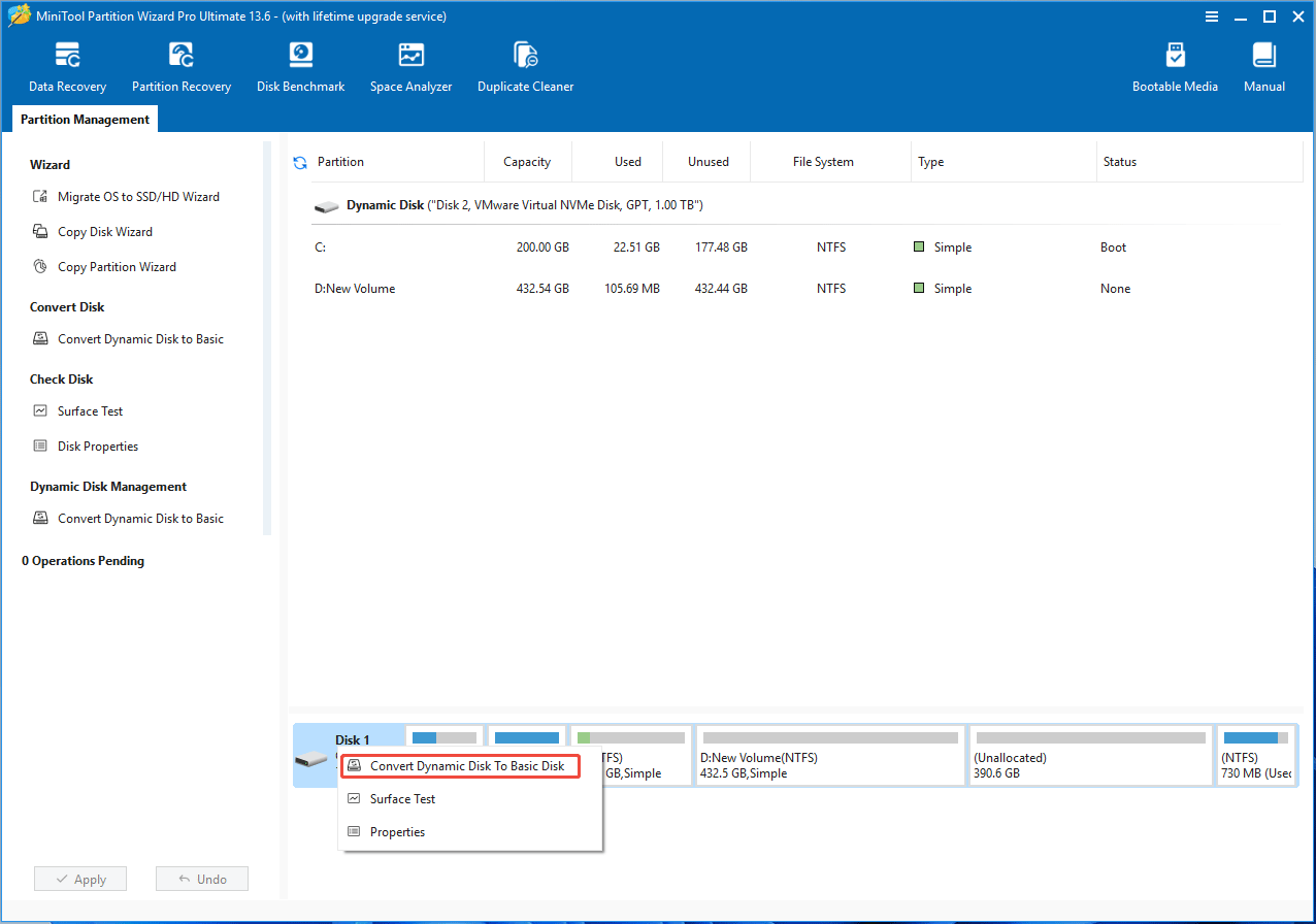 MiniTool Partition Wizard interface with the selected Convert Dynamic Disk to Basic Disk option.