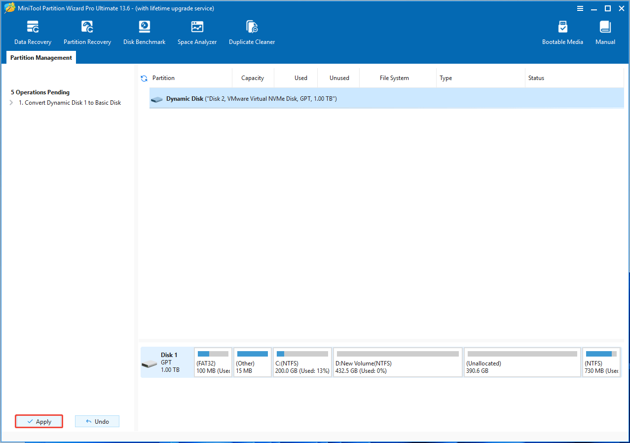MiniTool Partition Wizard interface with the selected Apply button.