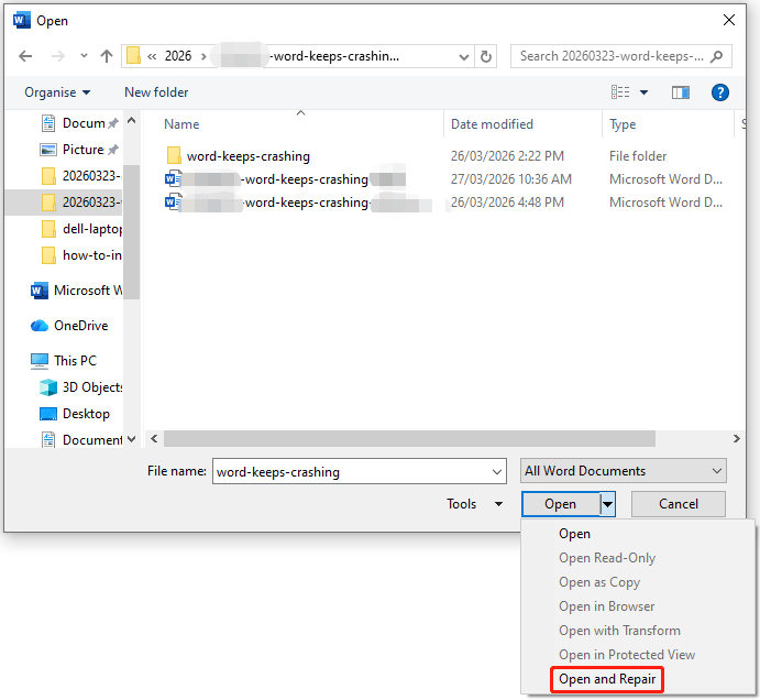 The Open window of the File Explorer interface with the Open and Repair option selected.