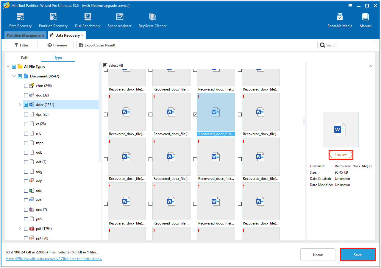 The Preview and Save options selected in the MiniTool Partition Wizard interface.