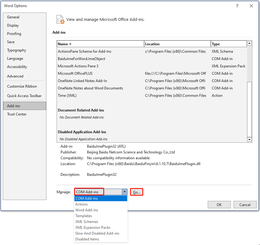 The Word Options interface with the Com Add ins and Go options selected.