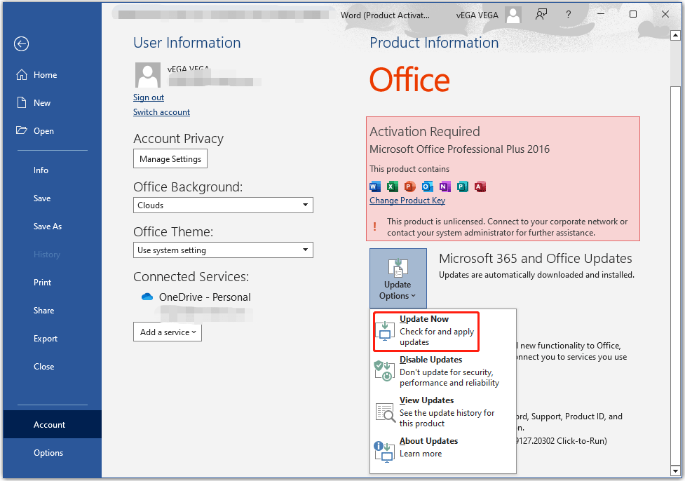 The Microsoft Word Account interface with the Update Now option selected.