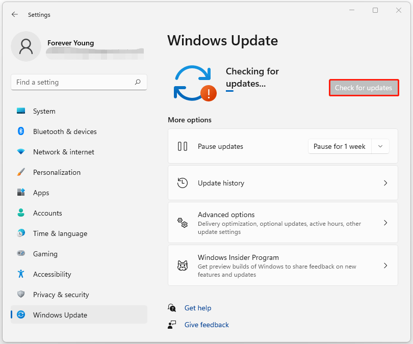 The Check for updates option selected in Windows Settings.