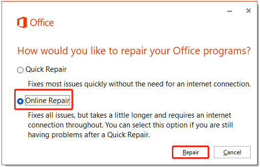The Office interface with the Online Repair and Repair options selected.