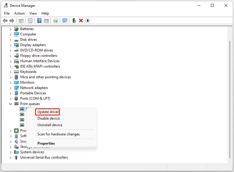 The Device Manager window with the Update driver option selected.