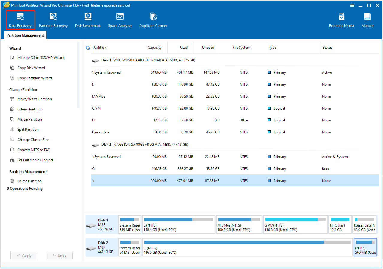 The Data Recovery feature selected in the top left corner of the MiniTool Partition Wizard interface.