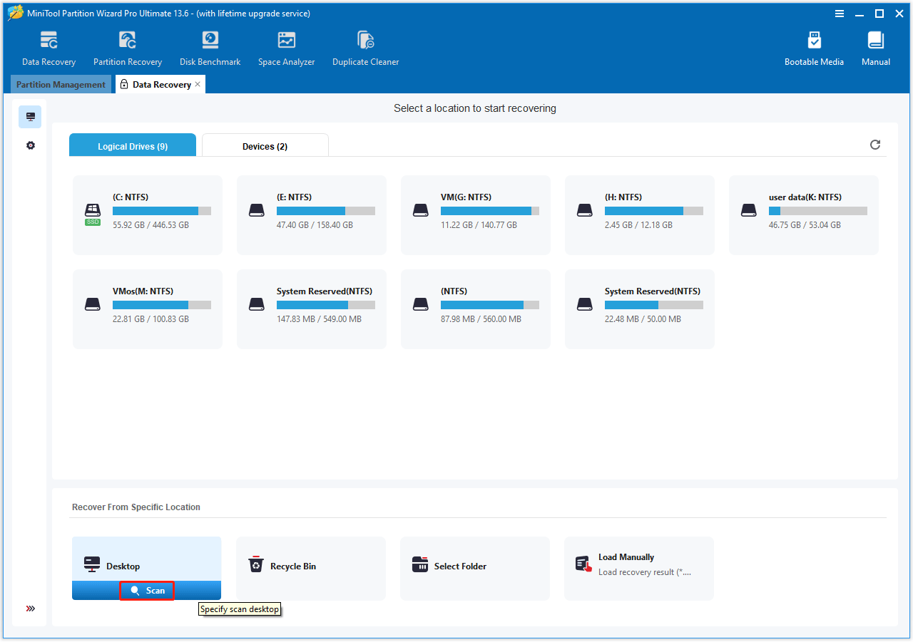 The Data Recovery interface with the Scan option selected to scan the desktop files.