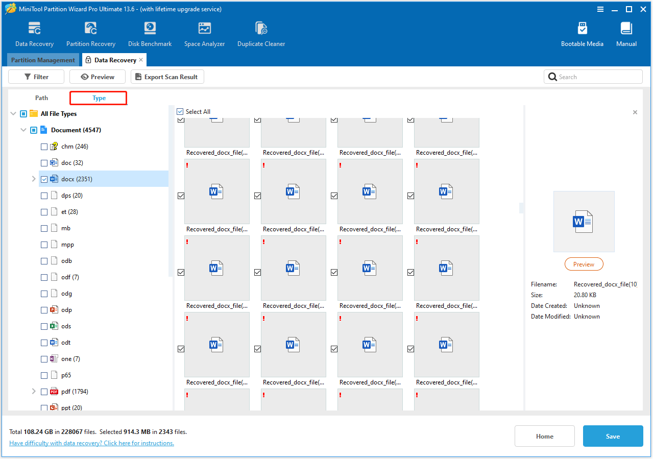 The Type option selected in the data recovery result page.