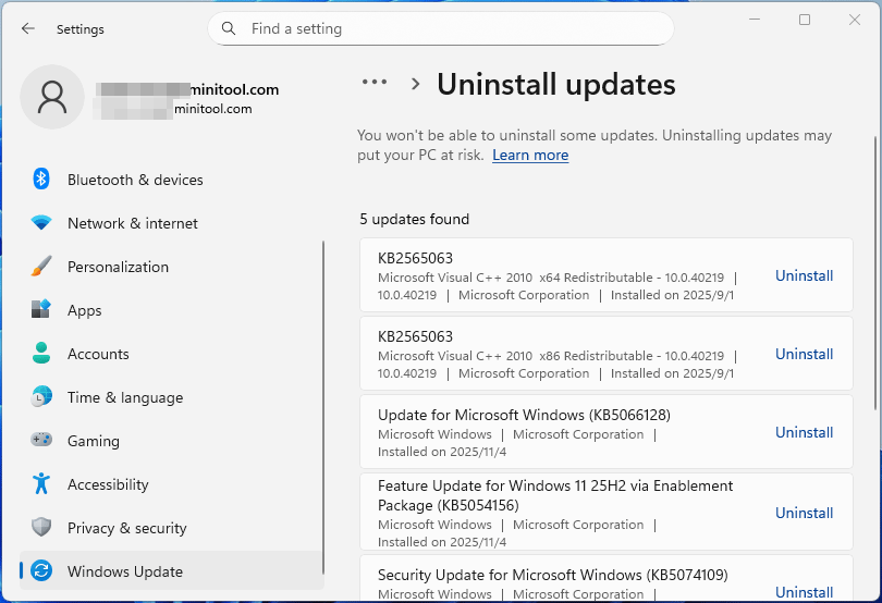 The Windows 11 Settings interface showing the Uninstall updates panel.
