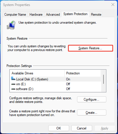 System Properties window with the selected System Restore button under the System Protection tab.