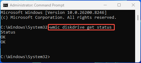 The Command Prompt window with the wmic diskdrive get status command.