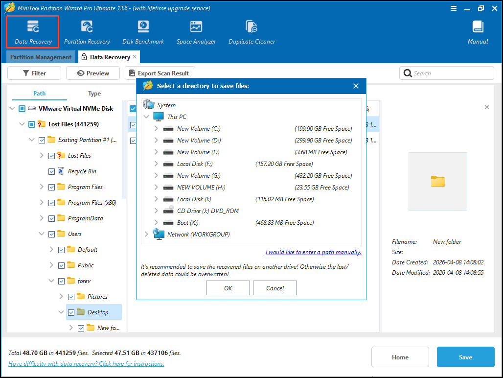 MiniTool Partition Wizard Data Recovery interface with selected files to recover.