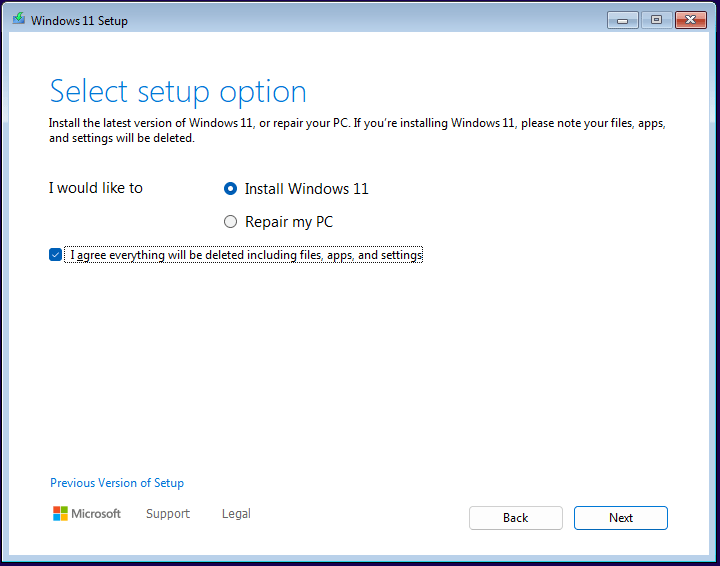 Windows 11 Setup interface with the selected Install Windows 11 option.