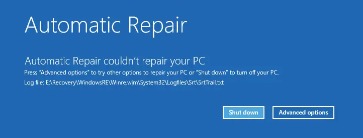 Automatic Repair failure interface.