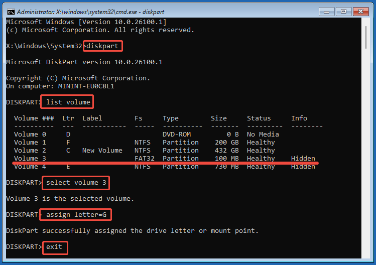 The Command Prompt window in WinRE with the commands to add a drive letter to the EFI system volume.
