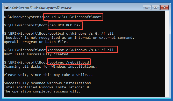 The Command Prompt window in WinRE with the rebuildbcd commands.