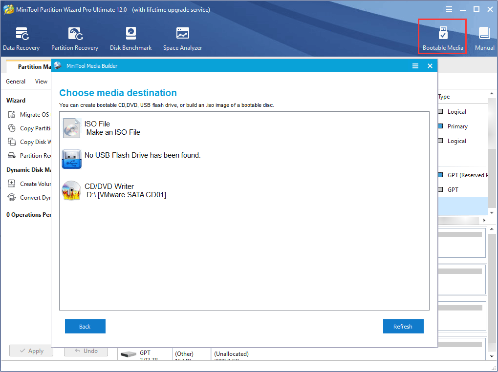 MiniTool Partition Wizard interface with the MiniTool Media Builder window.