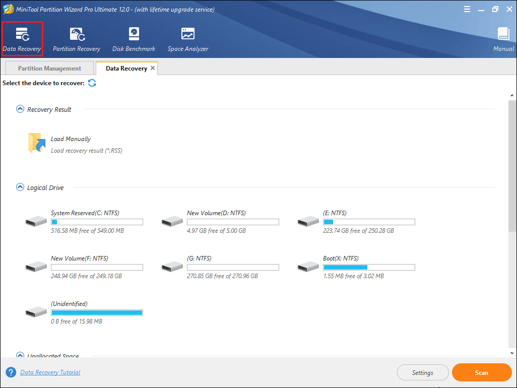 Bootable MiniTool Partition Wizard Data Recovery interface with the selected Data Recovery feature.