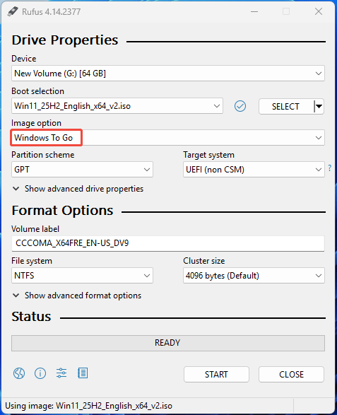 Rufus interface with the selected Windows To Go image option.