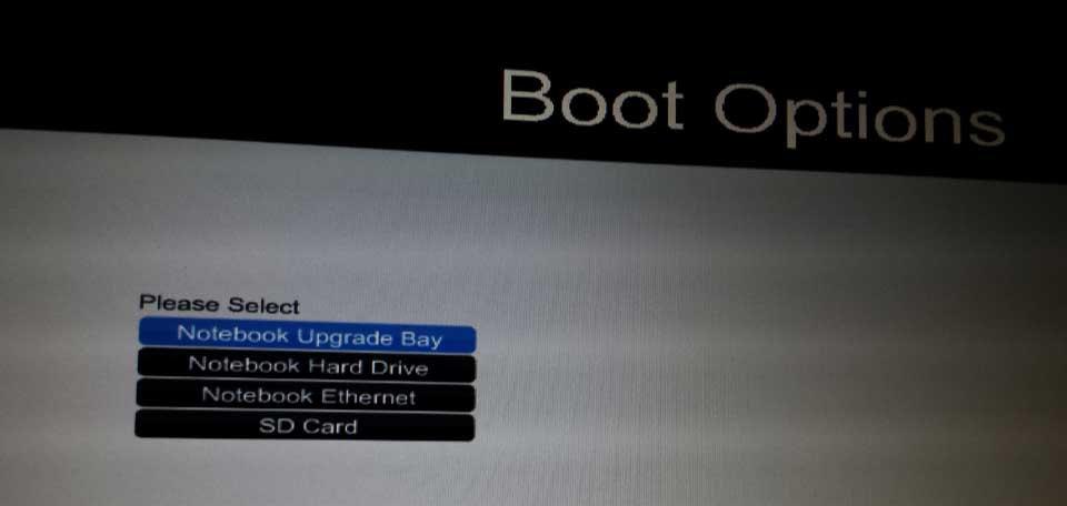 Boot Options menu with the SD card listed.