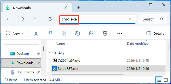 The File Explorer interface with the cmd exe command in the address bar.