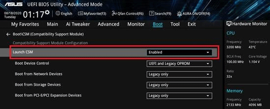 The enabled Launch CSM option in BIOS.