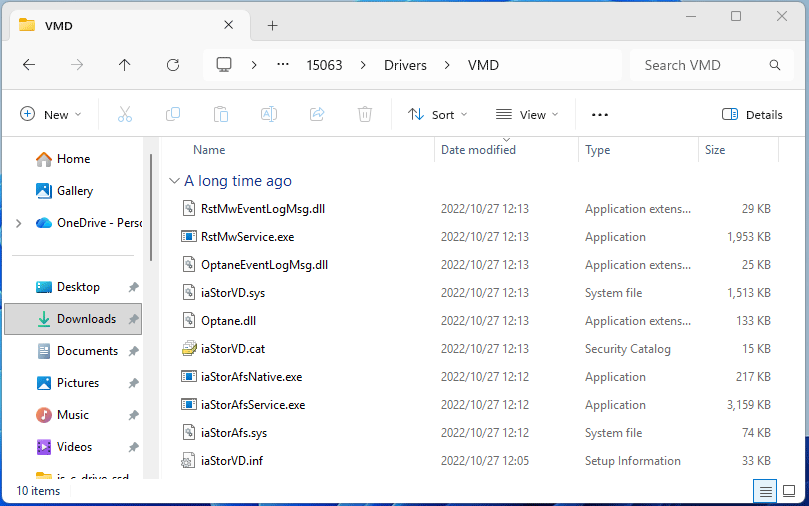The extracted Intel VMD driver files.