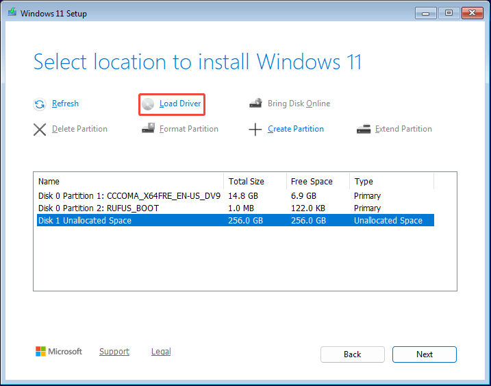 The selected Load Driver option in the Windows 11 Setup window.