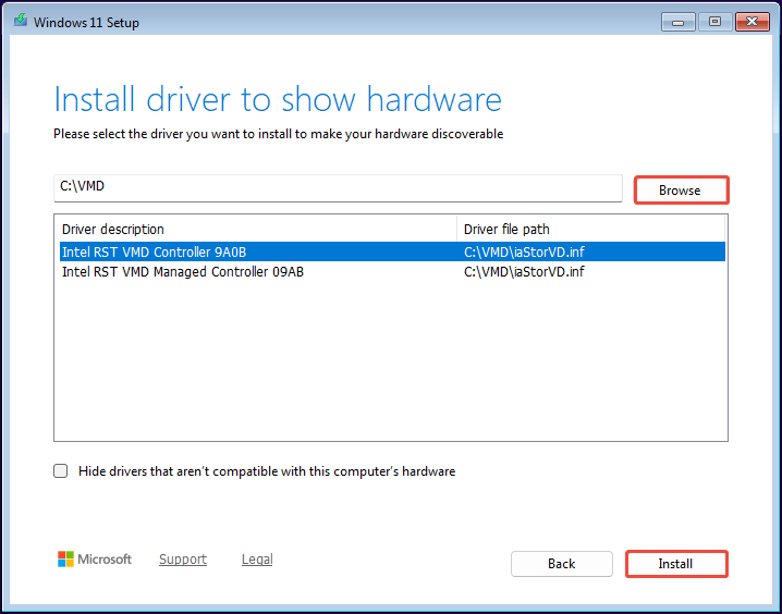 The Windows 11 Setup Install driver to show hardware window with the selected Browse and Install buttons.