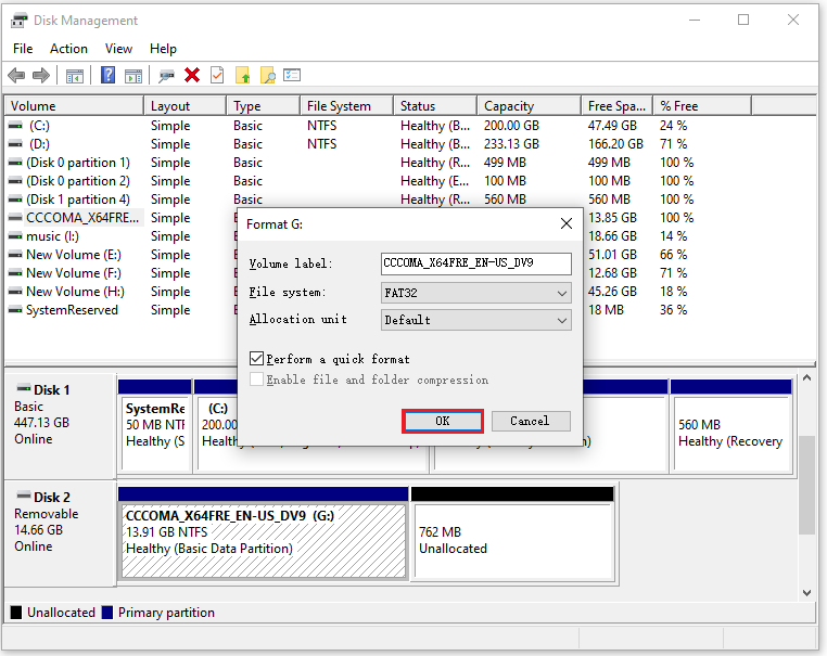 The Disk Management interface to format the SD card.
