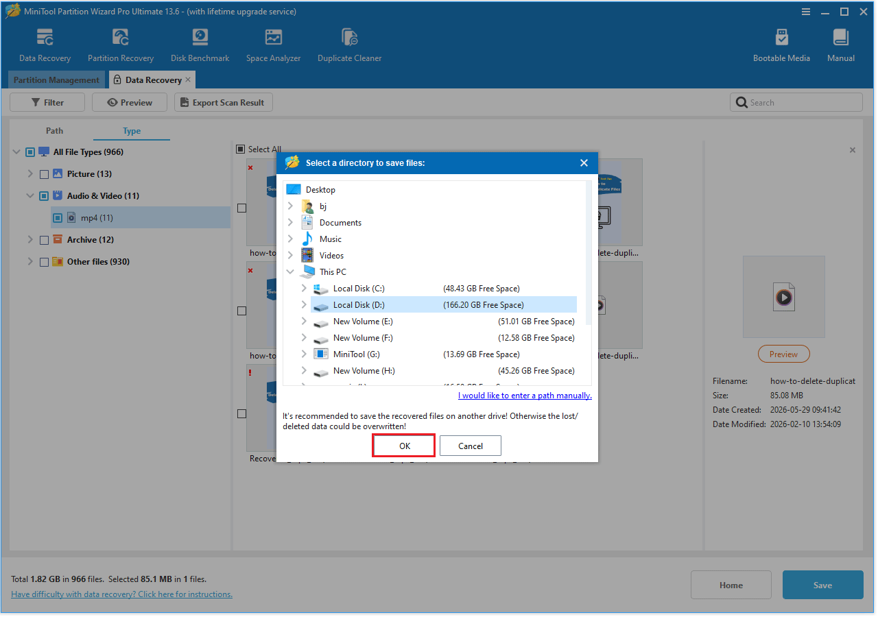 The Select a directory to save files interface with the selected OK option.
