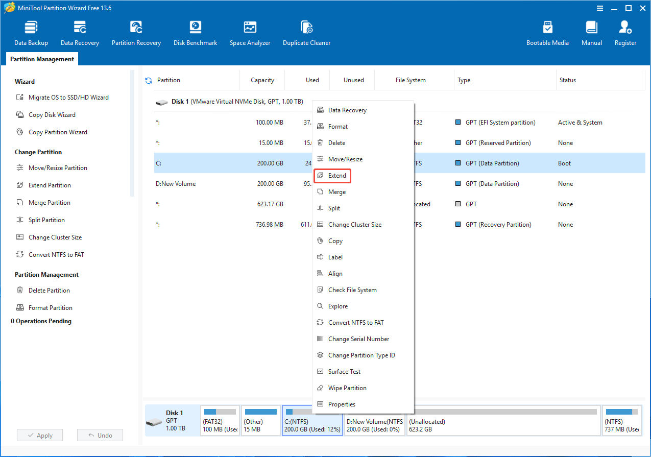 MiniTool Partition Wizard interface with the selected Extend function.
