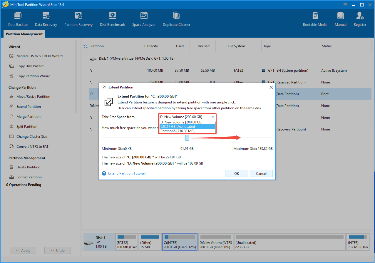 MiniTool Partition Wizard interface with the Extend Partition wizard window.