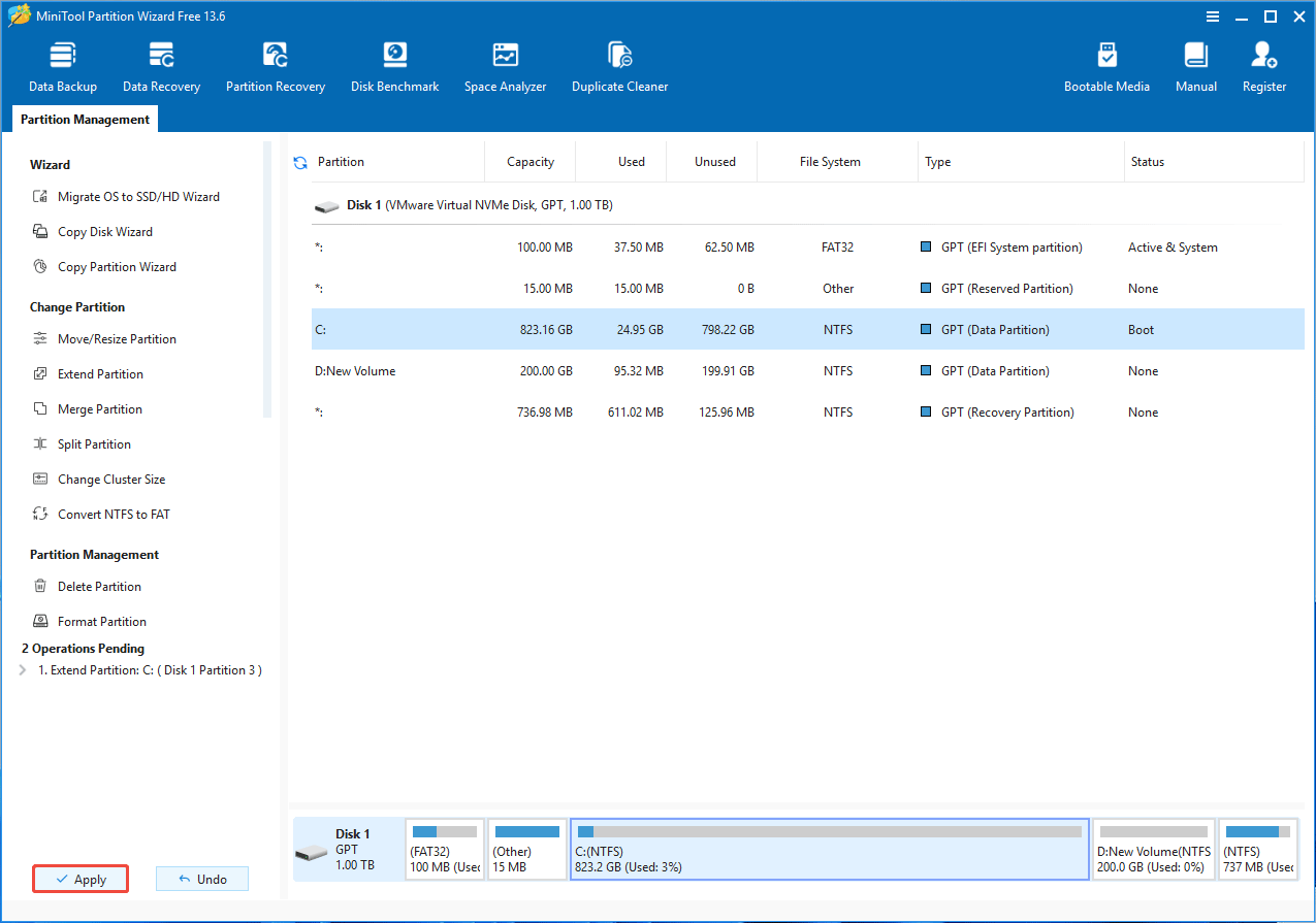 MiniTool Partition Wizard interface with the Apply button.