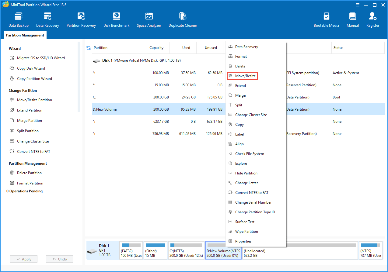 MiniTool Partition Wizard interface with the selected Move or Resize function.